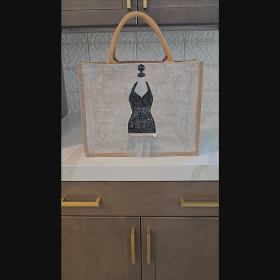 Little Black Dress  Hand Painted and Embellished Jute Tote Bag