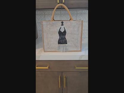 little black dress tote bag, fabric accented tote bag, beaded fashion jute bag, eco-friendly dress tote, off white tote bag