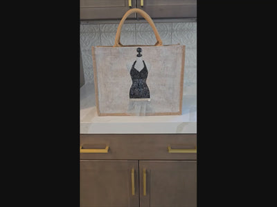 Video of little black dress tote bag, fabric accented tote bag, beaded fashion jute bag, eco-friendly dress tote, off white tote bag