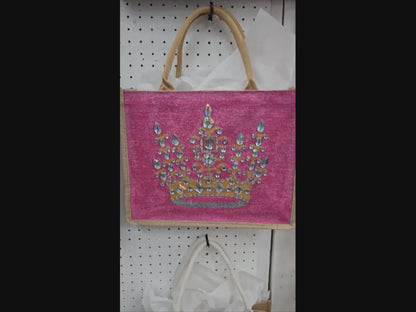 gold crown tote bag, metallic pink tote bag, queen tote bag, princess tote bag, beaded crown jute bag, eco-friendly tote