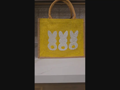 yellow bunny easter tote bag, hand painted easter tote, beaded yellow bunny bag, bunny market bag