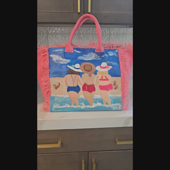 girlfriends tote bag, pink friends tote bag, fringed canvas tote, hand painted friends bag
