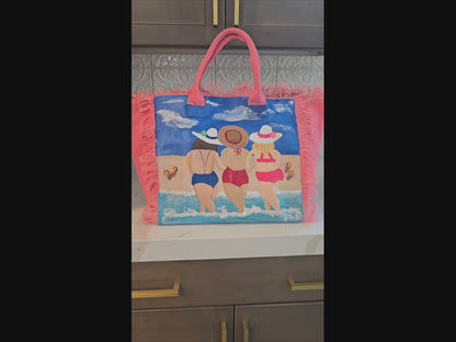 girlfriends tote bag, pink friends tote bag, fringed canvas tote, hand painted friends bag