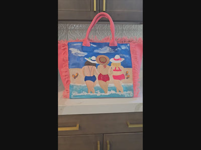 video of girlfriends tote bag, pink friends tote bag, fringed canvas tote, hand painted friends bag