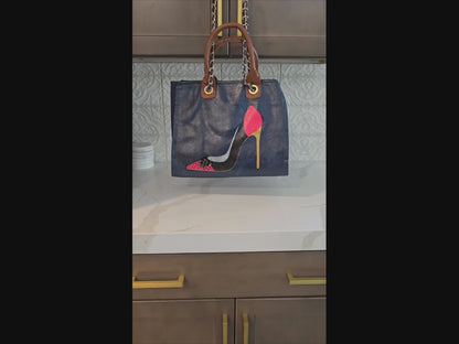 stiletto purse, shoe handbag, blue canvas purse, hand painted canvas purse