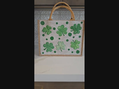 shamrock st patricks tote bag, hand painted st patricks tote, beaded off white tote, st patricks gift bag