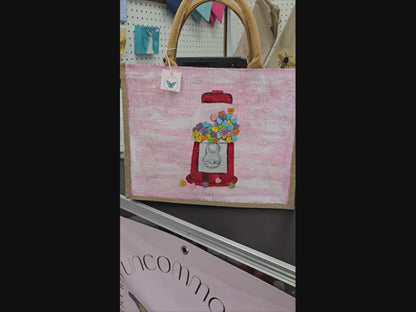 Bubblegum Conversation Heart Valentine Tote Bag – Hand Painted Pink Jute Bag