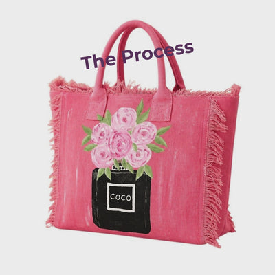 Short video showing the hand-painted creation process of a fringed tote bag, including painting, embellishing, detailing, and resin finishing in Dana’s Las Vegas studio.