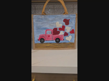 truckload of hearts valentine tote, hand painted valentine tote bag, beaded blue tote, valentine gift bag