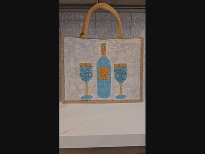 wine tote bag, beaded wine bottle tote, turquoise and gold wine tote, eco-friendly wine market bag, off white tote bag