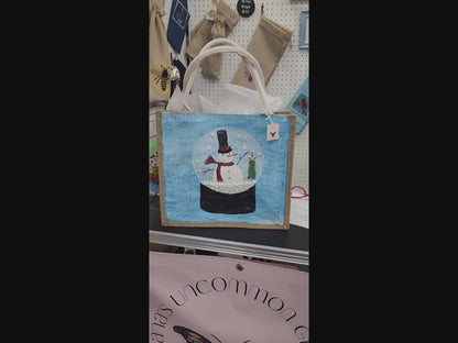 snow globe tote bag, hand painted Christmas tote, beaded holiday tote, blue jute Christmas market bag