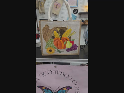 cornucopia tote bag, fall tote bag, Thanksgiving tote bag, harvest tote bag, off white tote bag, beaded autumn jute bag
