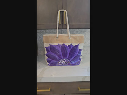 Hand-painted rope handle tote bag featuring a vibrant purple sunflower with bead embellishments.