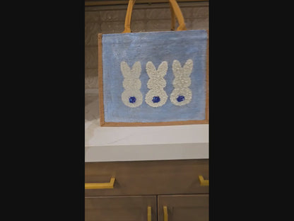 blue bunny easter tote bag, hand painted easter tote, beaded blue bunny bag, bunny market bag