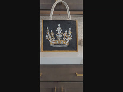 Black jute tote bag with hand-painted gold crown and sparkling beaded accents.