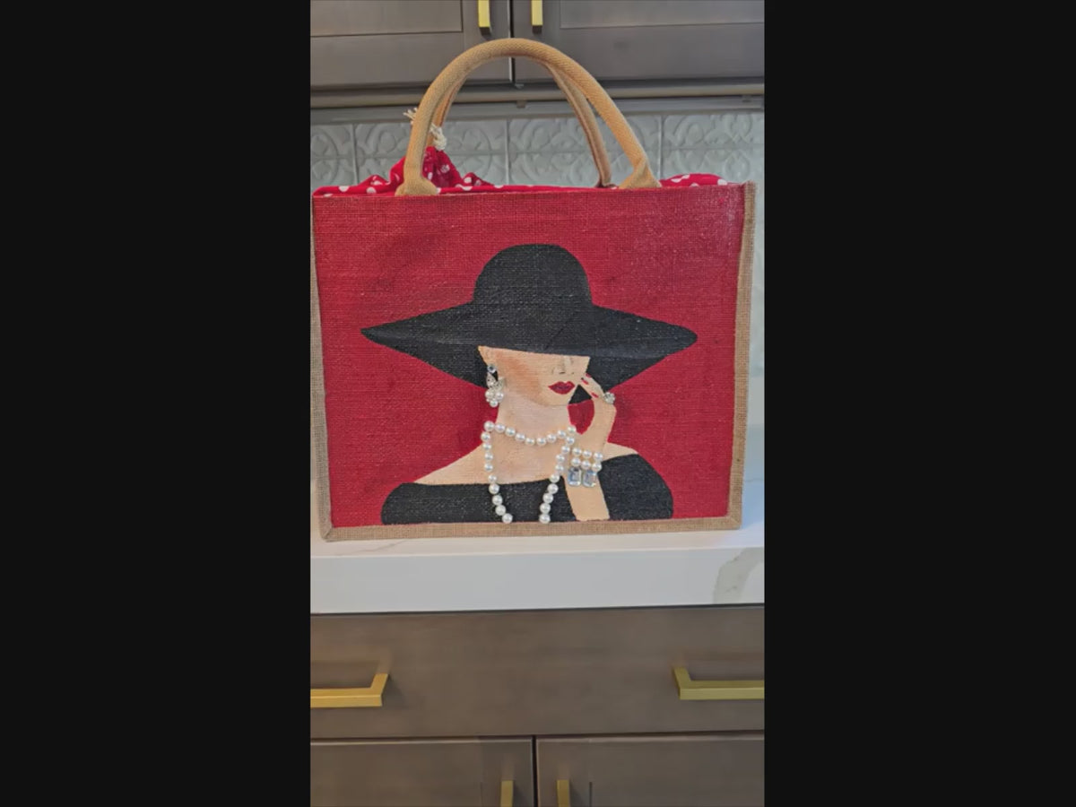 video of elegant lady tote bag, red tote bag, beaded lady jute bag, eco-friendly fashion tote, hand painted red tote