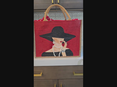 video of elegant lady tote bag, red tote bag, beaded lady jute bag, eco-friendly fashion tote, hand painted red tote