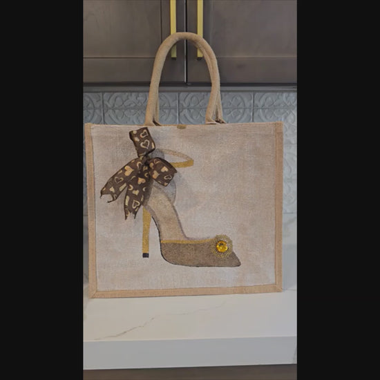 Video of Hand-painted and embellished brown and gold stiletto design tote bag from Dana's Uncommon Glass