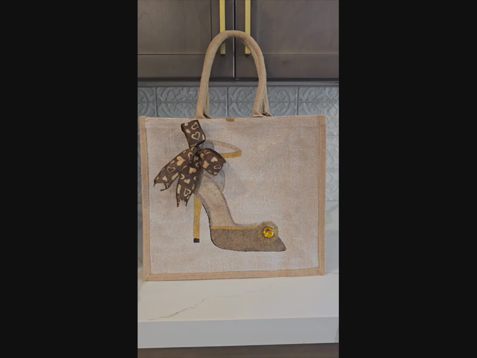 Video of Hand-painted and embellished brown and gold stiletto design tote bag from Dana's Uncommon Glass