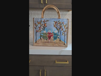 dancing ladies tote bag, multicolored tote bag, hand painted beaded dance jute bag, eco-friendly market tote