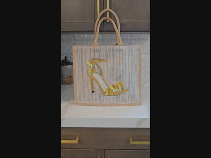 Video with close ups of Dana’s Uncommon Glass Golden Butterfly Stiletto Jute Tote — hand-painted fashion bag with butterfly accents