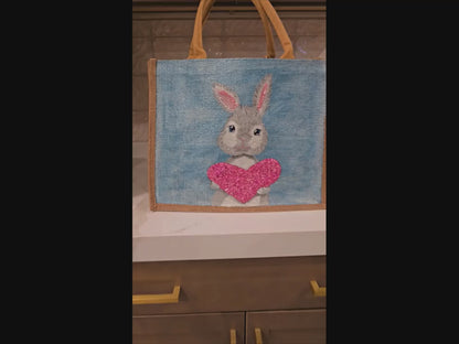 love bunny tote bag, hand painted bunny tote, beaded blue tote bag, easter gift bag