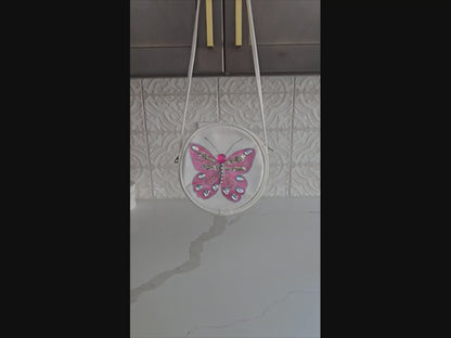 butterfly crossbody bag, pink butterfly purse, white crossbody bag, hand painted canvas crossbody