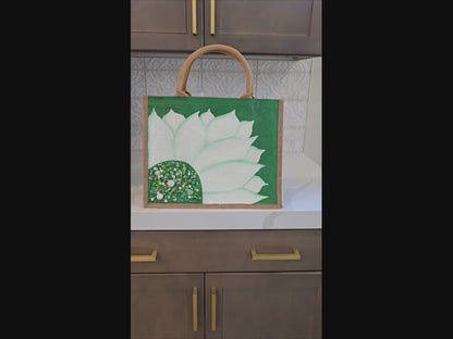 green sunflower tote bag, jute sunflower bag, eco-friendly floral market bag, hand painted sunflower tote