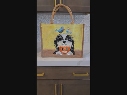 best buds tote bag, yellow tote bag, hand painted beaded animal jute bag, eco-friendly animal tote, friends animal tote