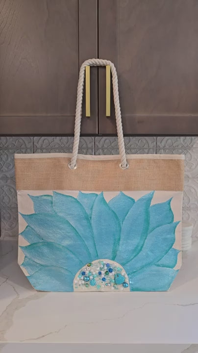 Hand-Painted Turquoise Sunflower Rope Handle Tote Bag