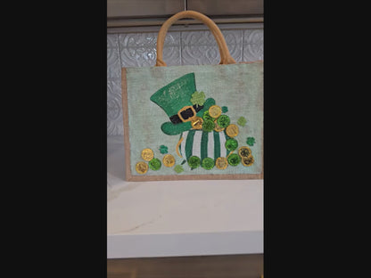 Leprechaun Hat & Coins St. Patrick’s Day Tote Bag – Hand Painted Green Jute Bag