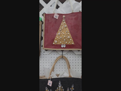 Holiday-Tote, Red-and-Gold-Jeweled-Tree, Hand-Painted-Canvas-Bag, Artistic-Design