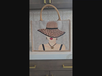 animal print tote bag, lady in hat tote bag, beaded animal print jute bag, eco-friendly fashion tote, off white tote bag