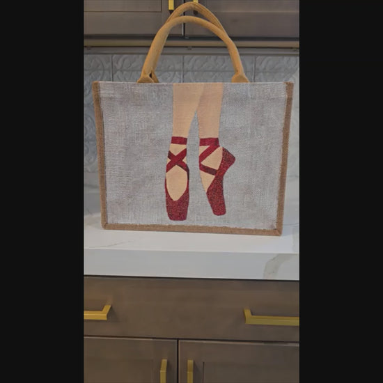 Hand-Painted-Tote-Bag, Red-Ballet-Slippers, Unique-Artistic-Design