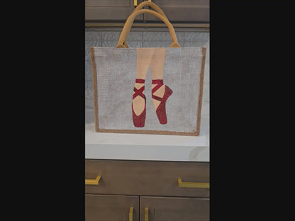 Off white jute tote bag with hand-painted red ballet slippers, embellished with beads.