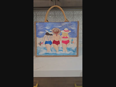video of girlfriends beach tote bag, blue tote bag, hand painted beaded beach jute bag, eco-friendly beach tote, friends at the beach tote