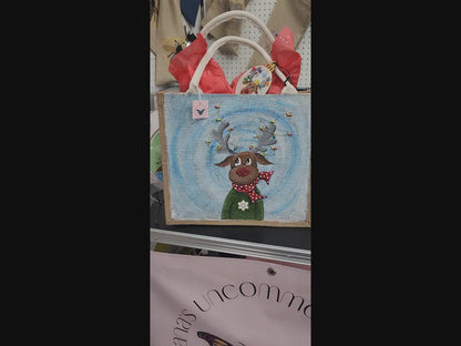 reindeer with lights tote bag, hand painted Christmas tote, beaded holiday tote, blue jute Christmas market bag