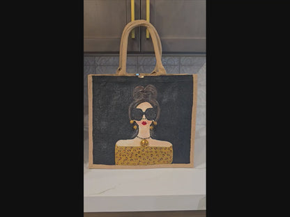 Hand-Painted Glam Sunglass Lady Tote Bag – Brunette Fashion Art Jute Shopper