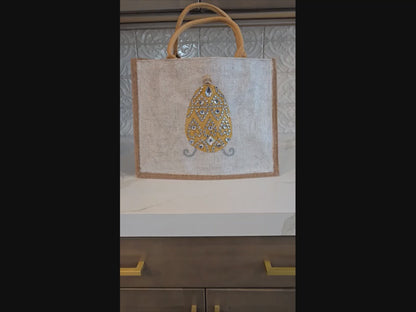 gold jeweled egg tote bag, hand painted easter tote, beaded gold egg tote, off white tote bag