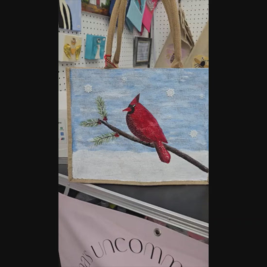 Cardinal-Tote-Bag, Hand-Painted-Bird-with-Beads-and-Snowflake-Charms, Artistic-Design