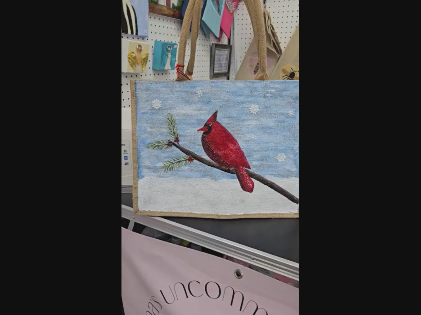 Cardinal-Tote-Bag, Hand-Painted-Bird-with-Beads-and-Snowflake-Charms, Artistic-Design