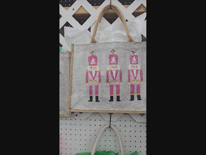 Pink Nutcracker Christmas Tote Bag – Hand Painted Off White Jute Holiday Bag