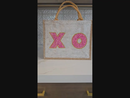 xo valentine tote bag, hand painted valentine tote, beaded off white tote, valentine gift bag