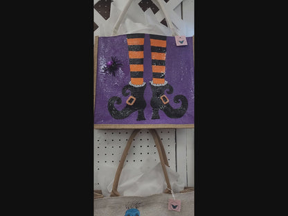 witches feet tote bag, Halloween tote bag, witch tote bag, purple tote bag, beaded Halloween jute bag
