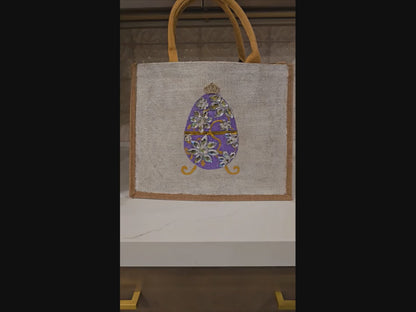 purple jeweled egg tote bag, hand painted easter tote, beaded egg tote, off white tote bag