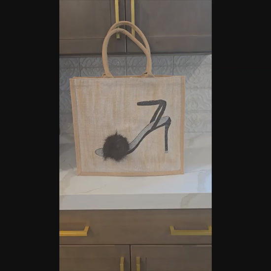 Black Pom Stiletto on Jute Tote Bag