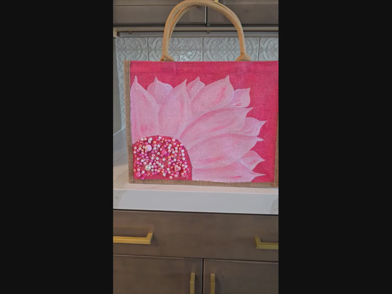 Video of pink sunflower tote bag, floral pink tote, eco-friendly sunflower market bag, hand painted jute tote