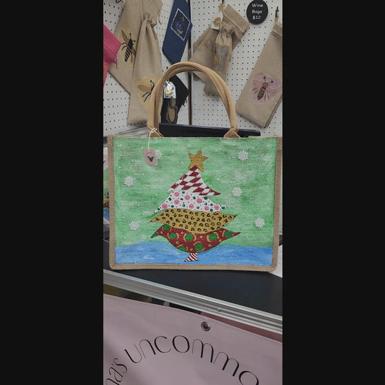 Holiday-Tote, Whimsical-Tree-Hand-Painted-Canvas-Bag, Artistic-Design