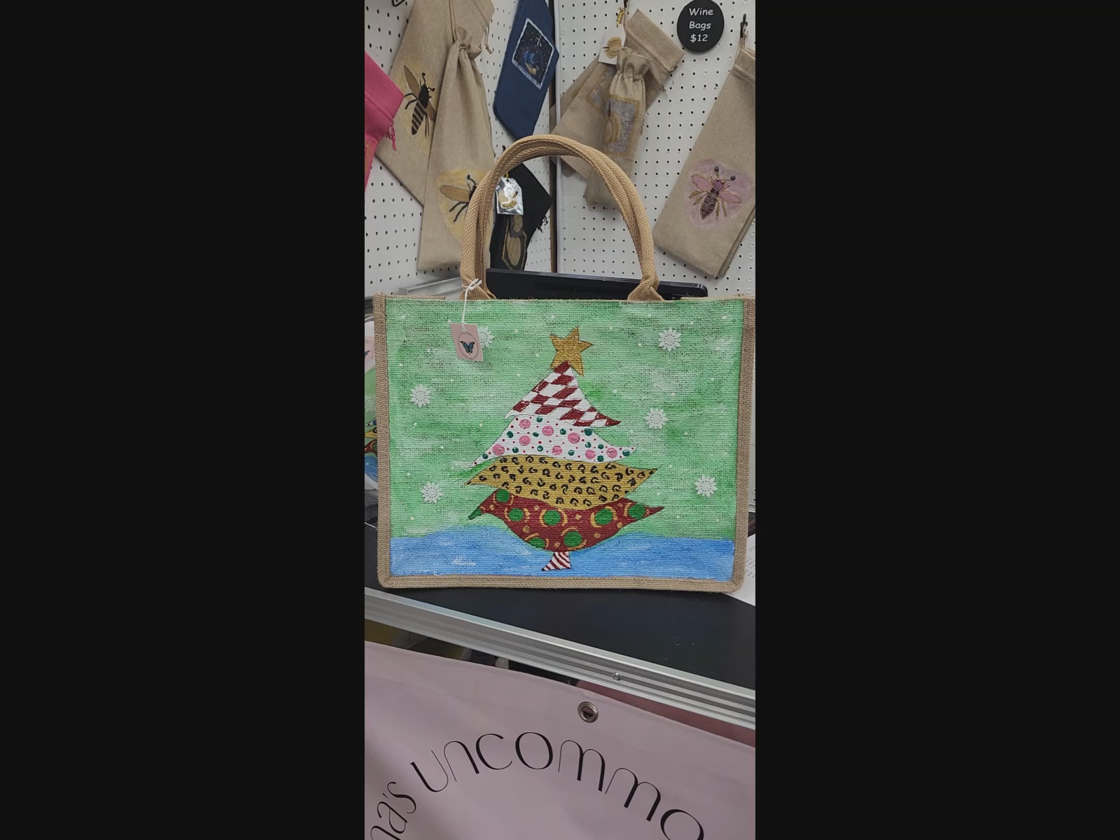 Holiday-Tote, Whimsical-Tree-Hand-Painted-Canvas-Bag, Artistic-Design