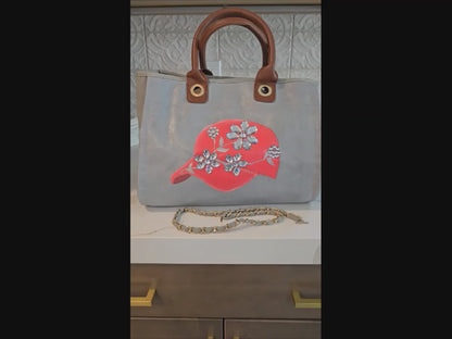 baseball hat purse, gray canvas handbag, jeweled purse, hand painted canvas purse